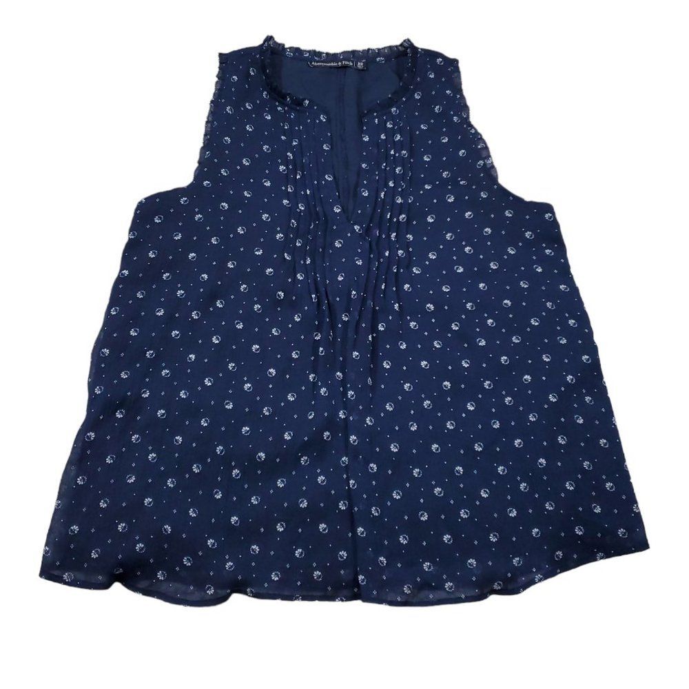 READ Abercrombie Sleeveless Navy Blue White Floral Blouse Women's Size XS Lined